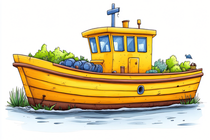 Cartoon Yellow Boat With Plants