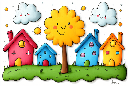 Cartoonish Landscape With Smiling Tree And Houses