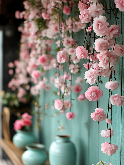 Cascading Pink Flowers and Teal Vases