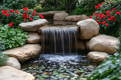 Cascading Waterfall in Garden Setting