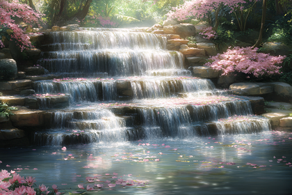 Cascading Waterfall with Cherry Blossoms