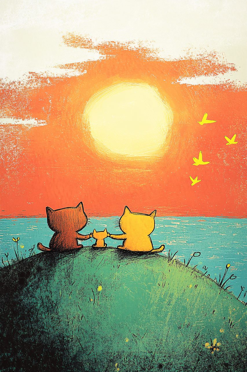 Cat Family Watching Sunset