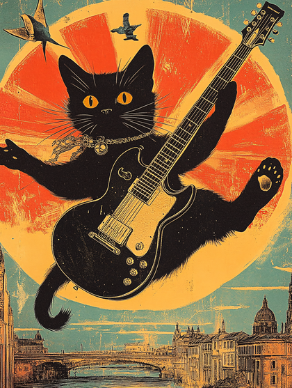 Cat Guitarist Over Cityscape
