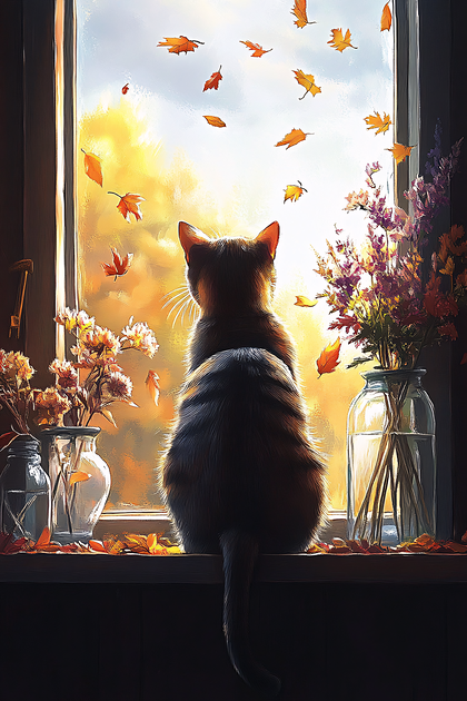 Cat Watching Autumn Leaves
