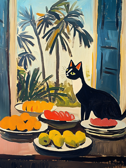 Cat with Fruits by Window