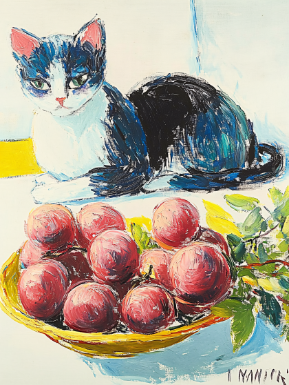 Cat with Plums Still Life