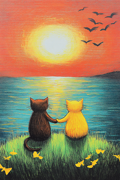 Cats Holding Hands at Sunset