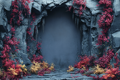 Cave Entrance with Colorful Flora