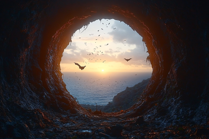 Cave Opening At Sunset With Bats