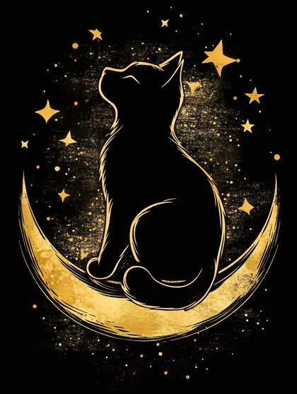 Celestial Cat On Crescent Moon