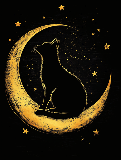 Celestial Cat on Crescent Moon
