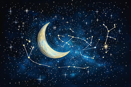 Celestial Night With Crescent Moon And Constellations