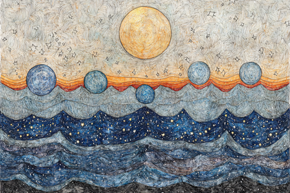 Celestial Orbs Over Starry Waves