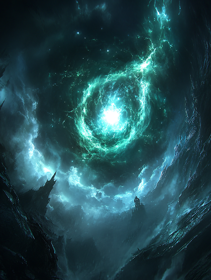Celestial Vortex Over Distant Towers