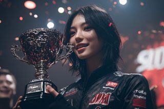 Smiling Woman Holding Trophy