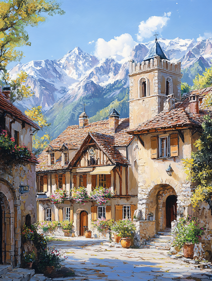 Charming Village in the Mountains Painting
