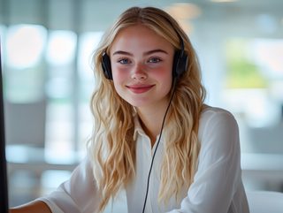 Cheerful Blonde Woman with Headphones