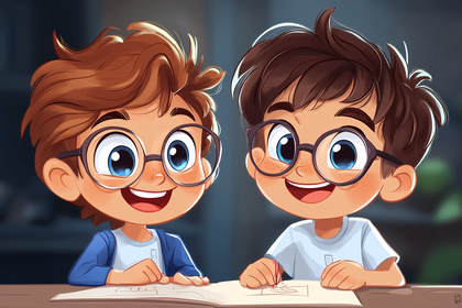 Cheerful Boys Drawing Together