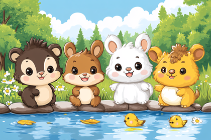 Cheerful Cartoon Animals at Waterside