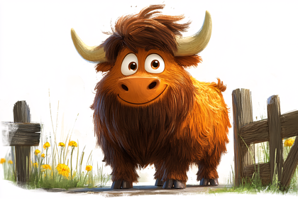 Cheerful Cartoon Yak by Rustic Fence