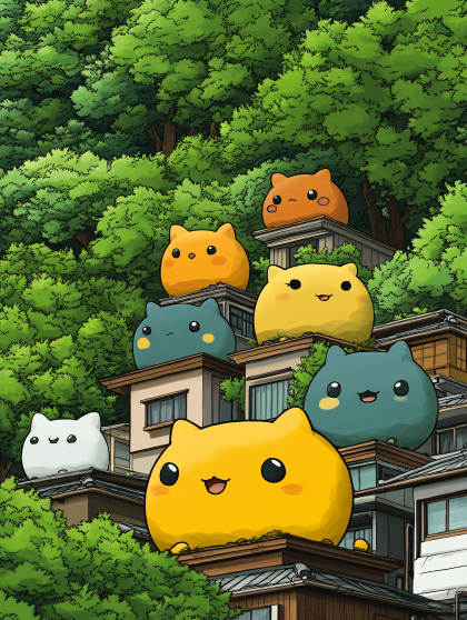 Cheerful Cat Blobs on Rooftops