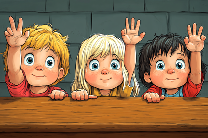 Cheerful Children Waving From Behind Table