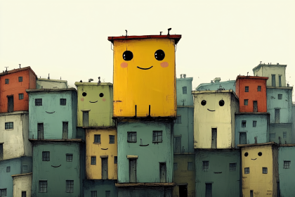 Cheerful Cityscape with Smiling Buildings