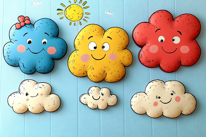 Cheerful Cloud Characters on Blue Wooden Wall