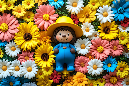 Cheerful Doll in Flower Garden