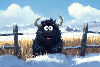 Cheerful Furry Monster in Winter Landscape