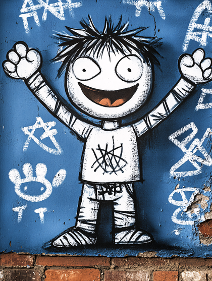 Cheerful Graffiti Character on Blue Wall
