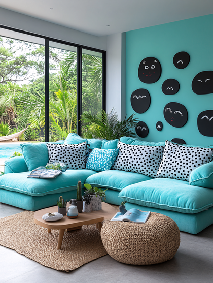 Cheerful Living Room with Turquoise Sofa and Smiley Face Wall Art