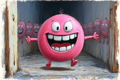 Cheerful Pink Blob Monster Group Emerging From Doorway