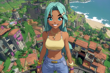 Cheerful Woman with Turquoise Hair in Coastal Town