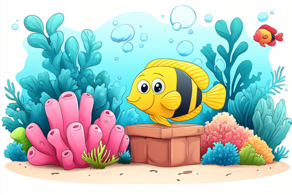 Cheerful Yellow Fish in Cartoon Underwater Scene