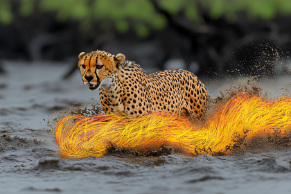 Cheetah Emerging From Water With Fire Trail