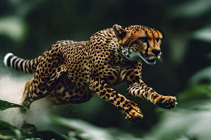 Cheetah Leaping Through Jungle Foliage