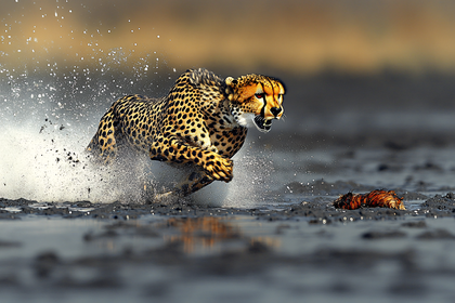 Cheetah Running Through Water Chasing Prey Wildlife Animal