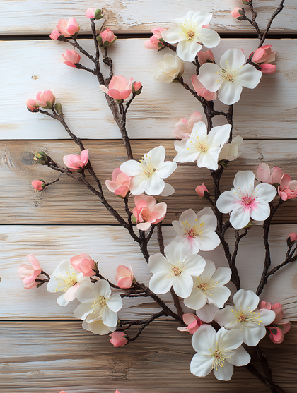 Cherry Blossom Branch On Wooden Surface