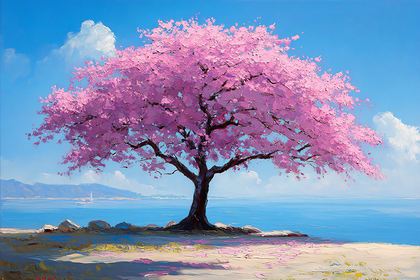 Cherry Blossom Tree by the Sea
