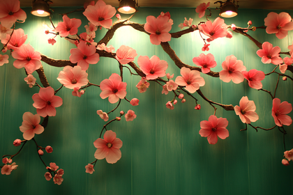 Cherry Blossoms On Teal Wall