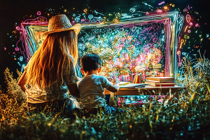 Child And Adult Drawing Glowing Art