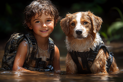 Child And Dog Splashing In Water