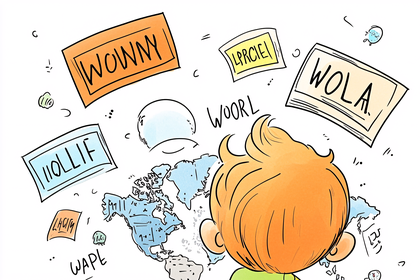 Child and World Map with Reversed Words