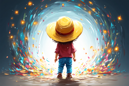 Child In Straw Hat Facing Colorful Light