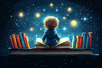 Child Reading Under Starry Sky