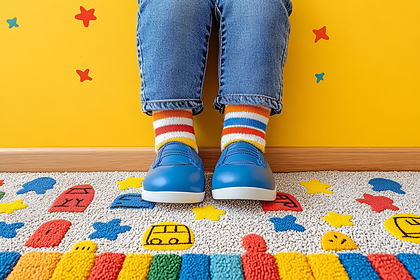 Playful Feet on a Rug: Bright Shoes and Patterned Socks