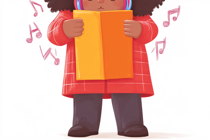 Child Singing with Book and Music Notes