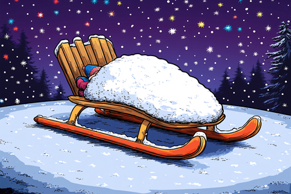 Child Sleeping in Sled on Snowy Night