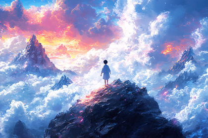Child Standing on Peak Above Clouds